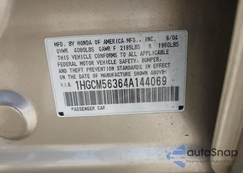 2004 Honda Accord 2.4 Lx из США, поврежденный, VIN 1HGCM56364A144069